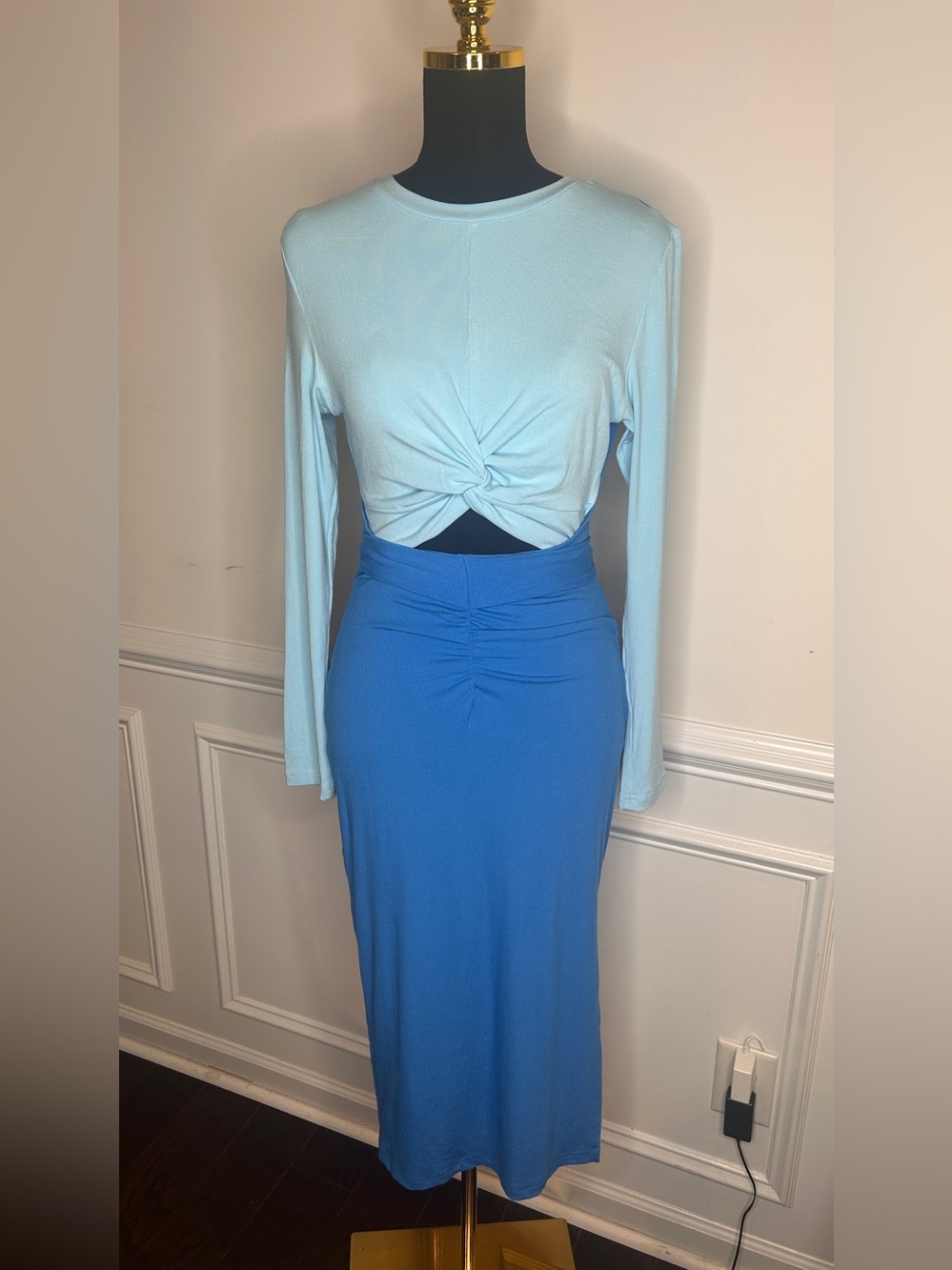 Light Blue Twist Front Long Sleeve Top with Royal Blue Midi Skirt